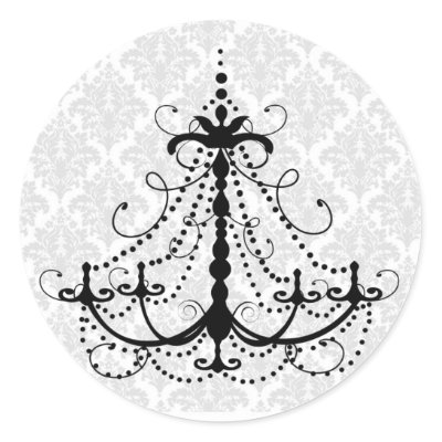 Black chandelier and damask round sticker
