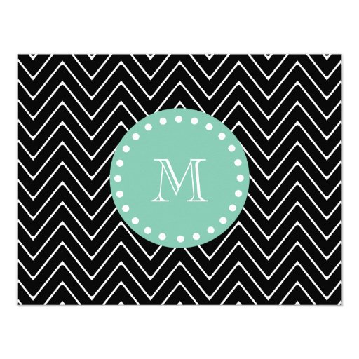 Black Chevron Pattern | Mint Green Monogram Personalized Invitation