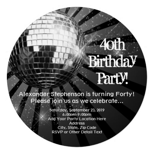 Black Circle Round Disco Ball 40th Birthday Party Personalized Invite