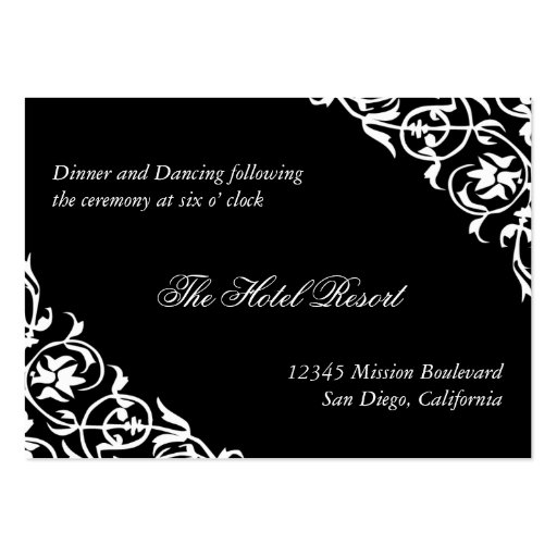 Black corner scroll wedding reception enclosure business cards (front side)