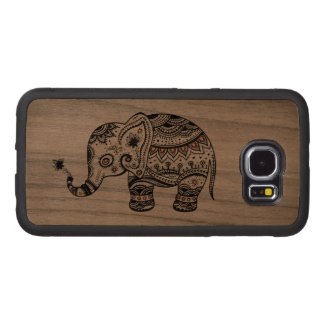 Black Cute Floral Elephant Illustration Wood Phone Case