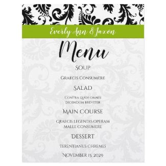Black Damak Swirls Monogram Apple Green Menu letterhead
