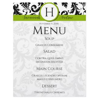 Black Damak Swirls Monogram Apple Green Menu letterhead