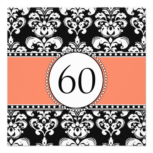 Black Damask 60th Birthday Invitation | Orange