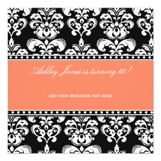 Black Damask 60th Birthday Invitation | Orange