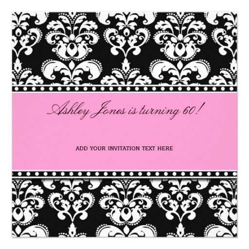 Black Damask 60th Birthday Invitation | Pink