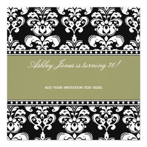 Black Damask 70th Birthday Invitations Sage