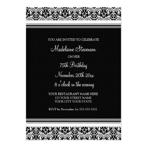 Black Damask 75th Birthday Party Invitations