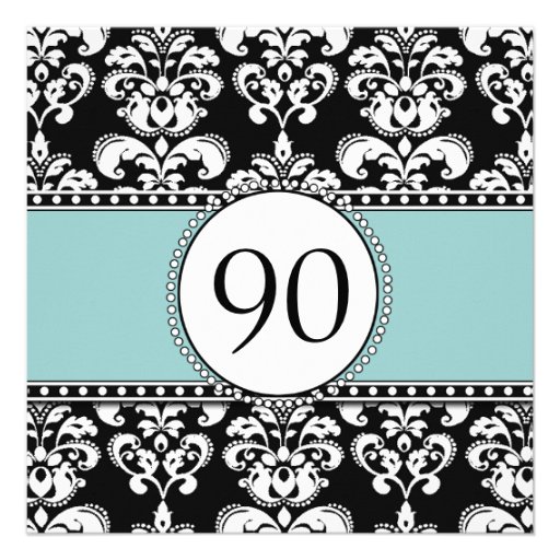 Black Damask 90th Birthday Invitations Blue