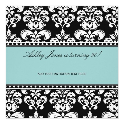 Black Damask 90th Birthday Invitations Blue