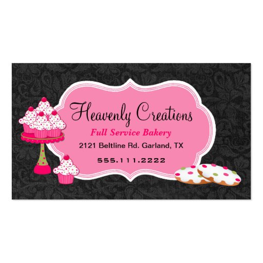 Black Damask and Pink Sweets Bakery Business Card (front side)