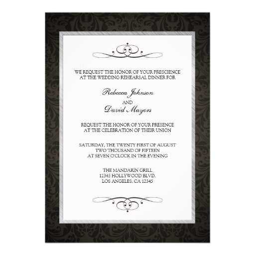 Black Damask and Silver Modern Rehearsal Dinner Custom Invitation