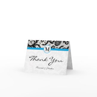 Black Damask Aqua Borders Silver Thank You card