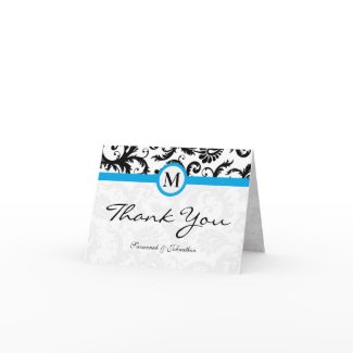 Black Damask Aqua Borders Thank You card