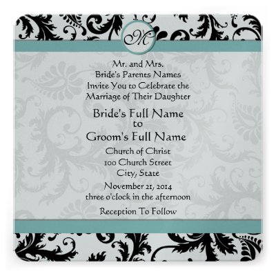 Black Damask Aqua Pool Blue Wedding Invitation