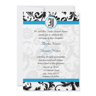 Black Damask Aquamarine Trim Wedding Invitations invitation