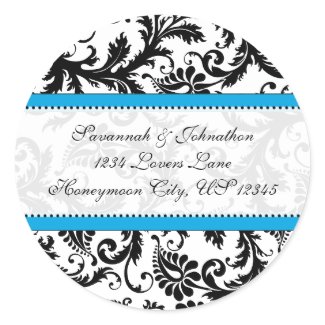 Black Damask Aquamarine Trim Wedding Seal sticker