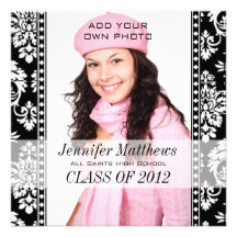 Black Damask Class of 2012 High School Grad Photo Custom Invitations