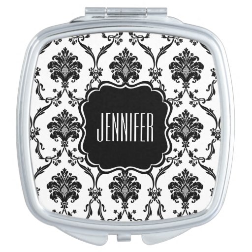 Black Damask Compact Mirror with Custom Name Zazzle