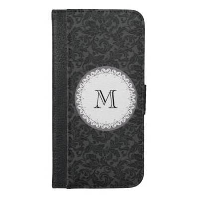 Black damask Cute trendy girly monogram iPhone 6/6S Plus Wallet Case