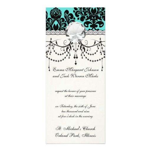 black damask elegance on aqua blue announcement