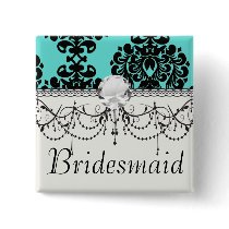 black damask elegance on aqua blue pinback button