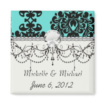 black damask elegance on aqua blue refrigerator magnet