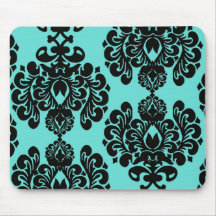 black damask elegance on aqua blue mouse pads