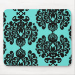 black damask elegance on aqua blue mouse pads