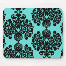 black damask elegance on aqua blue mouse pads