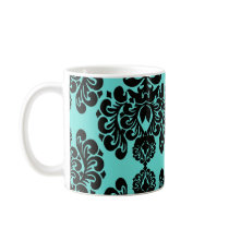 black damask elegance on aqua blue mugs