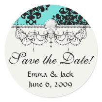 black damask elegance on aqua blue round stickers