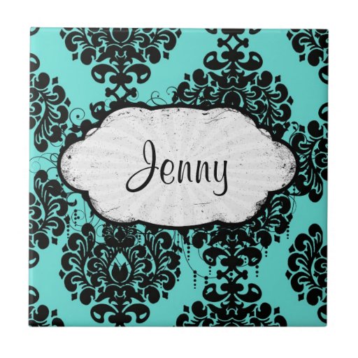 black damask elegance on aqua blue tiles