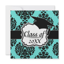 black damask elegance on tiffany blue graduation announcements