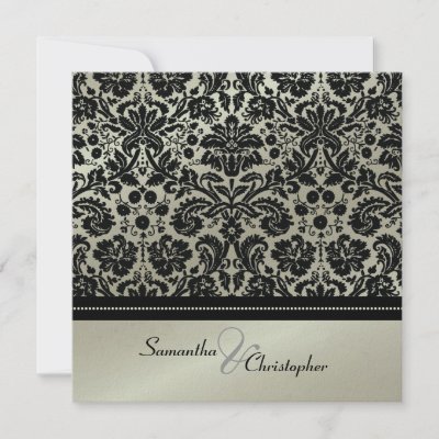 Black Damask faux silver wedding invitations
