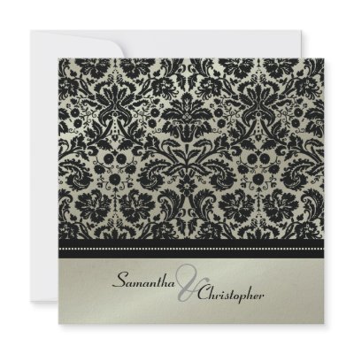 Black Damask faux silver wedding invitations