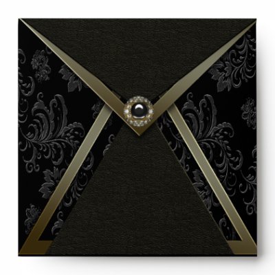 Black Damask Gold Trim Invitation Envelope by decembermorning