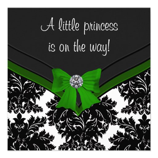 Black Damask Green Bow Princess Baby Shower Personalized Announcement