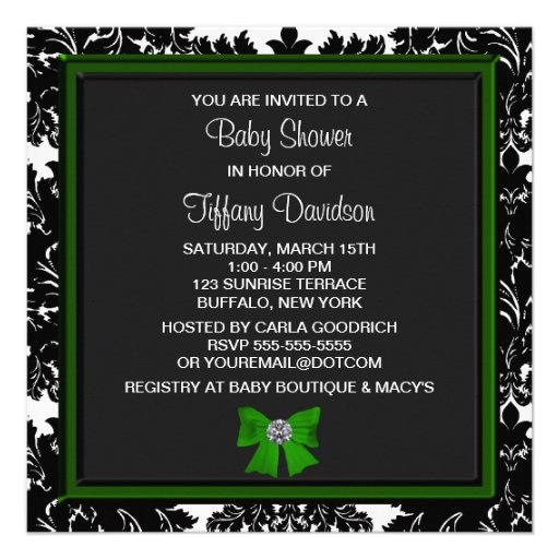 Black Damask Green Bow Princess Baby Shower Personalized Announcement