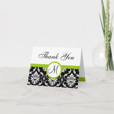 Black Damask Green Wedding Monogram Thank You Card by monogramgallery