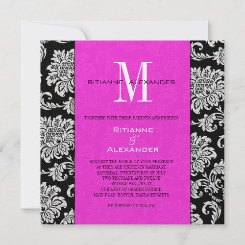 Black Damask Hot Pink Monogram Wedding Invitation invitation