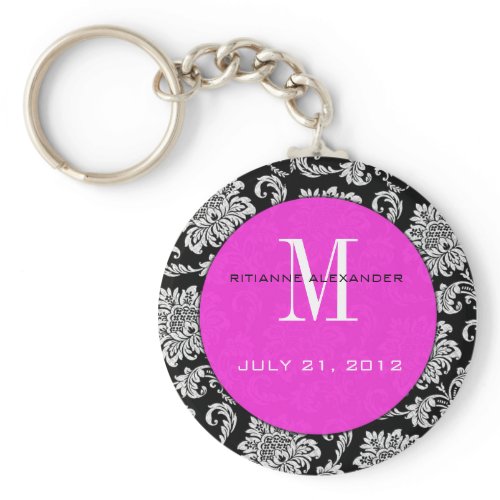 Black Damask Hot Pink Monogram Wedding Keychain keychain