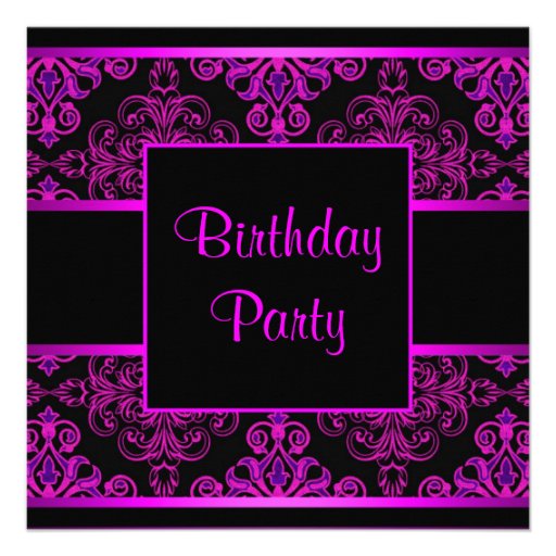 Black Damask Hot Pink Purple Birthday Party Invite