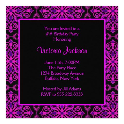 Black Damask Hot Pink Purple Birthday Party Invite