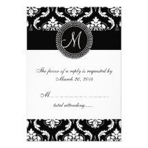 Black Damask Initial RSVP Cards for Square Invite