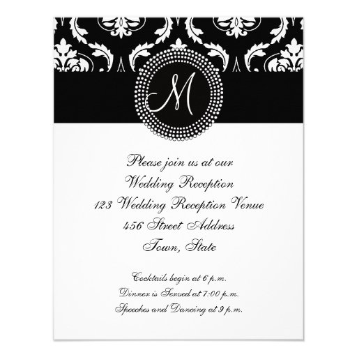 Black Damask Initial Wedding Reception Card