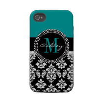 Black Damask iPhone 4 Case-Mate Monogram Turquoise