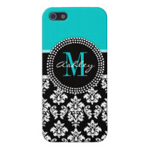 Black Damask Monogram Initial Aqua iphone cases