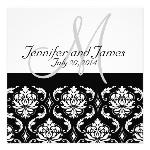 Black Damask Monogram Names Wedding Invitations
