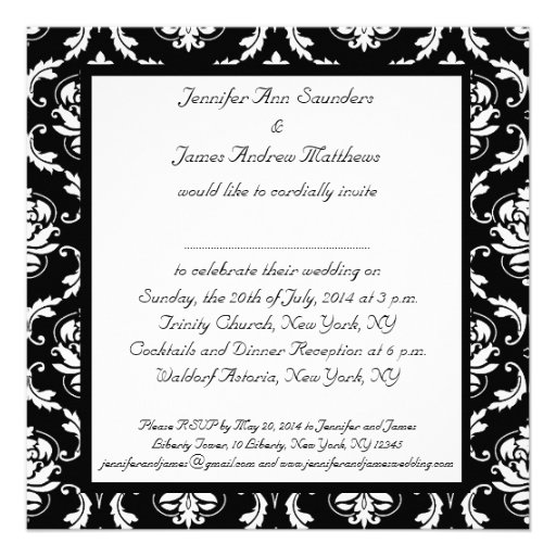 Black Damask Monogram Names Wedding Invitations